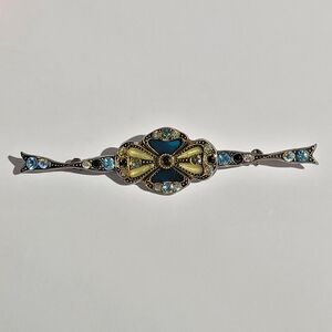 Vintage Style Brooch with Blue and Yellow Enamel And Swarovski Crystal Accents